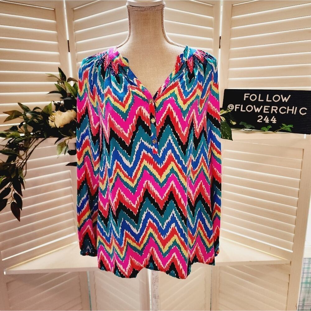 LILLY PULITZER HERRINGBONE MULTI COLOR SILK BLOUSE SIZE MED